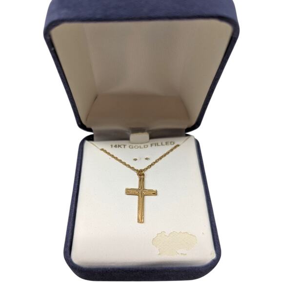 14K Gold Filled Cross Necklace Simple Classic Pendant Chain Gift Box Included - Picture 1 of 2